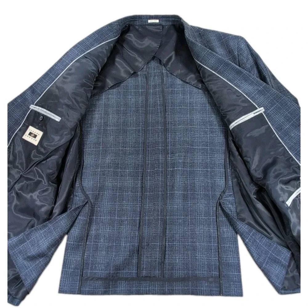 Joseph Abboud Heritage Sport Coat Mens 54R Navy Windowpane Wool Silk Linen